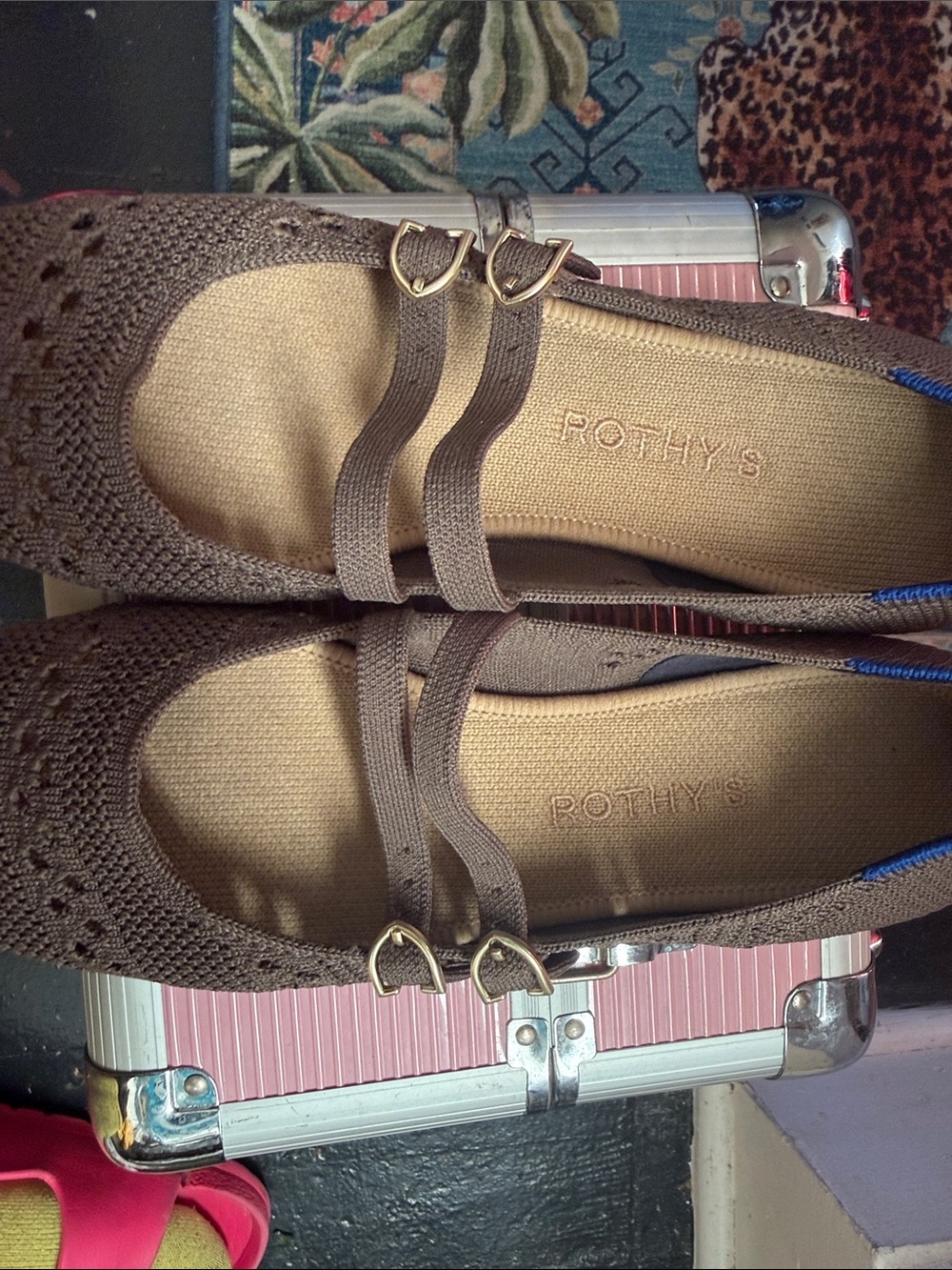 Rothy's Brown/green undertone Double-Strap Knit Ballet Flats with Gold Buckles